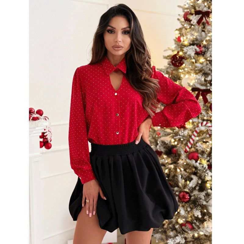 Dame Elegant Bluse med Slidskrave og Punkter-Design Stilla