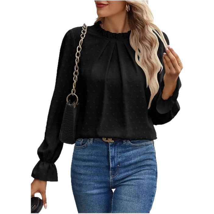 Dame elegant bluse med flæsedetaljer og prikket stof Stilla