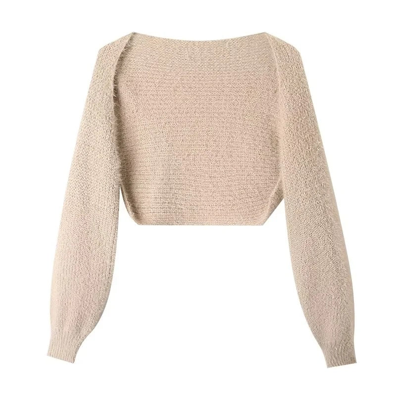 Dame cropped strikpullover med blød uldmix og elegante puffærmer Stilla