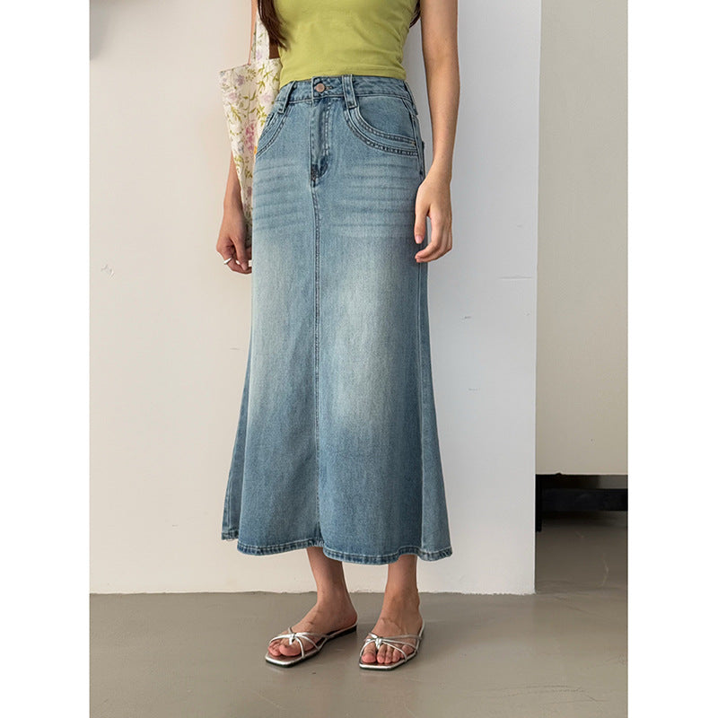 Dame denim midirock med højskåret talje og flydende snit Stilla