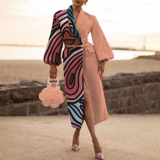 Dame Designer Frakke med kunstnerisk print og voluminøse ærmer Stilla