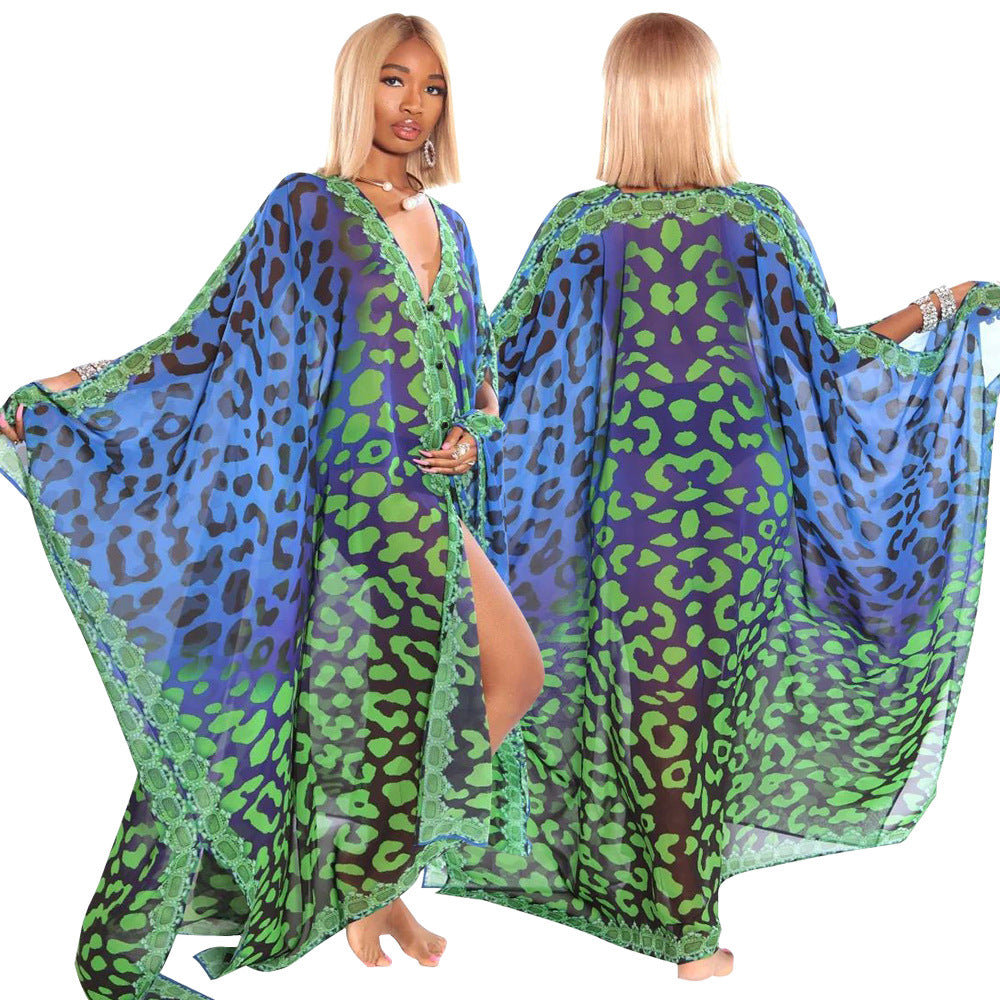 Dame Strand-Kimono med kunstnerisk slange motiv og vide ærmer Stilla