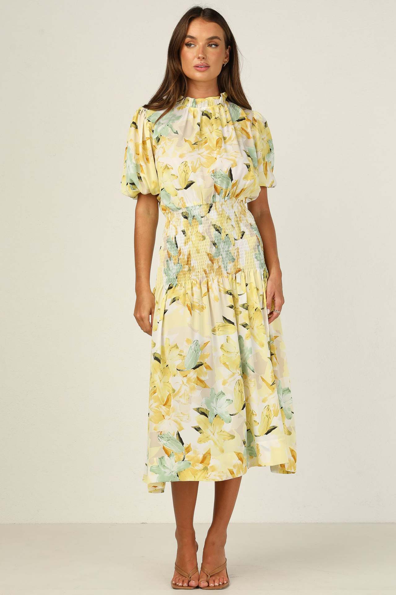 Dame Elegant Floral Rynkning Midi Kjole Stilla