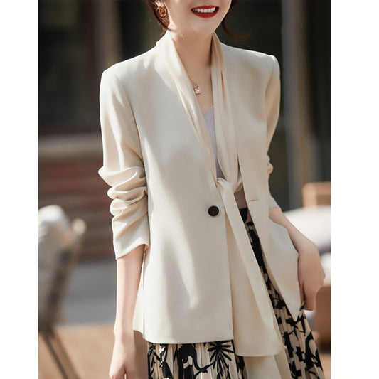 Dame elegant blazerjakke med fletkrave og stilfuld bindebælte Stilla