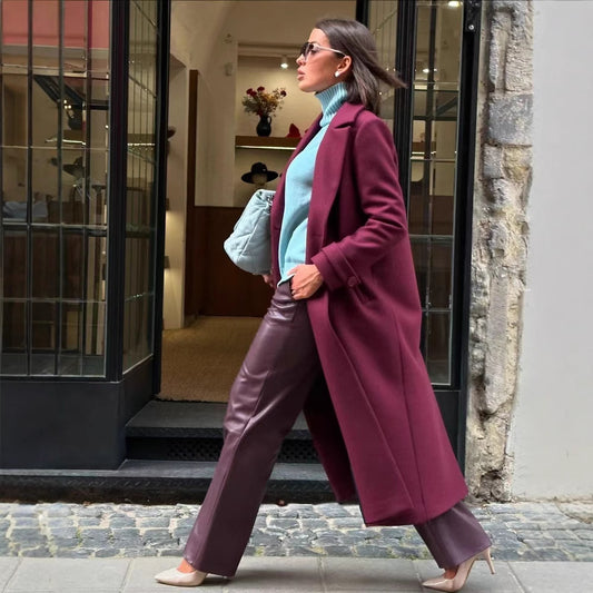 Dame Elegant Dobbeltbrystet Frakke med Taljebælte og Moderne Detaljer Stila