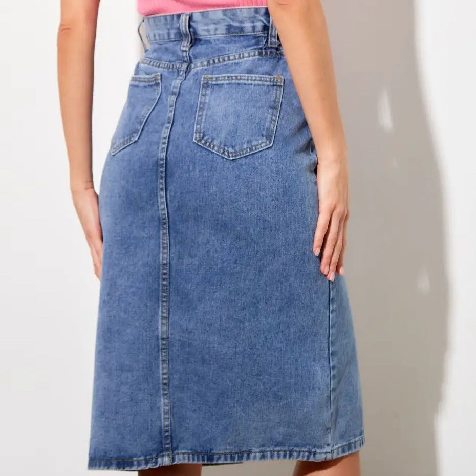 Dame denim midi nederdel med høj slids og alsidigt design Stilla