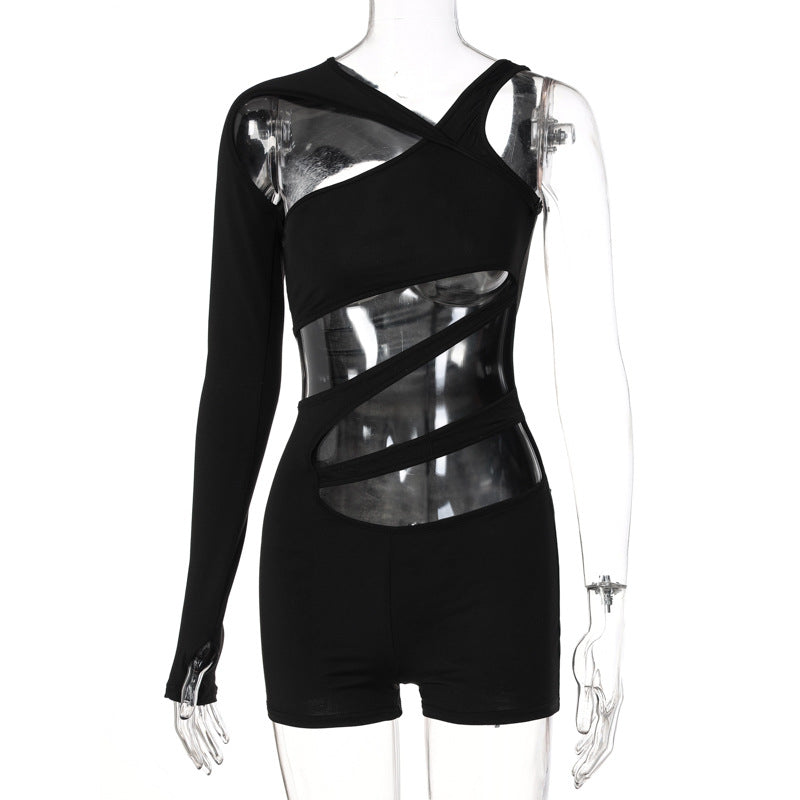 Dame jumpsuit med trendy asymmetrisk design og gennemsigtige indsatser Stilla