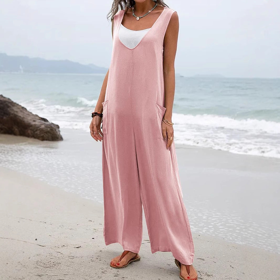 Dame Bredskåret Jumpsuit med praktiske lommer og V-udskæring Stilla