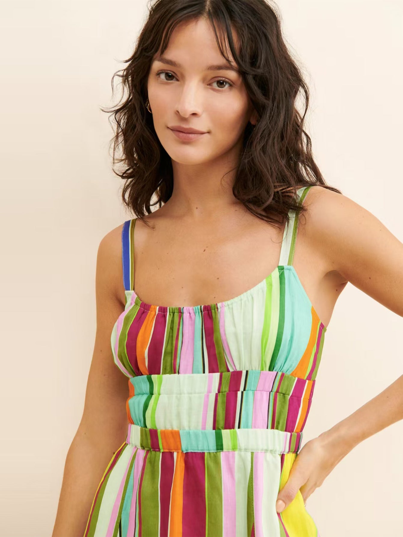 Dame A-linje Sommer Midi Kjole med justerbare stropper og livligt stribemønster Stilla