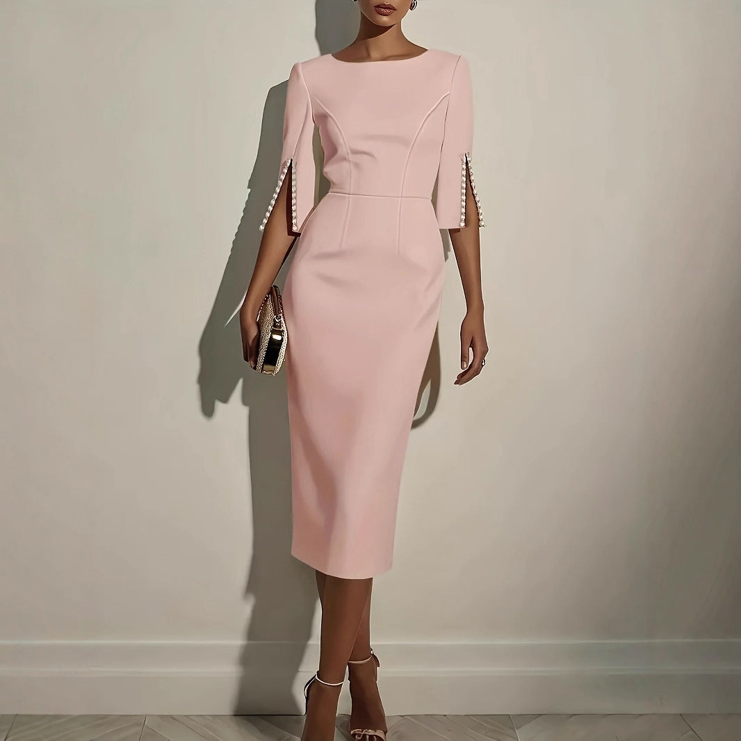 Dame elegant brudekjole med lange ærmer og perleudsmykninger Stilla