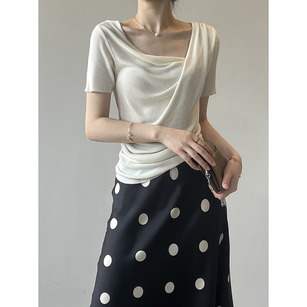 Dame elegant draperet T-shirt med dyb V-udskæring og korte ærmer Stilla