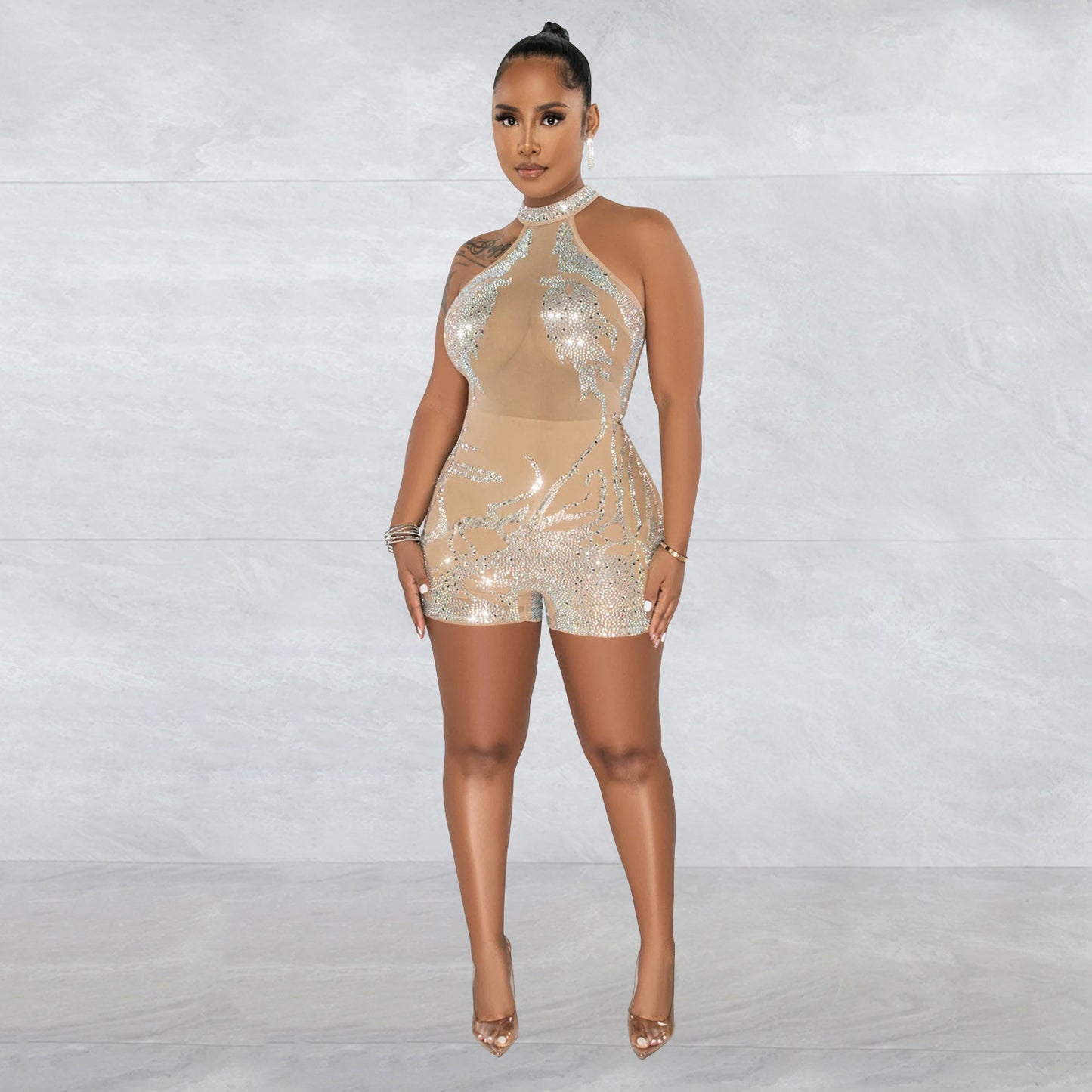 Dame Glamourøs Bodycon Jumpsuit med transparent overmateriale og funkende accenter Stilla