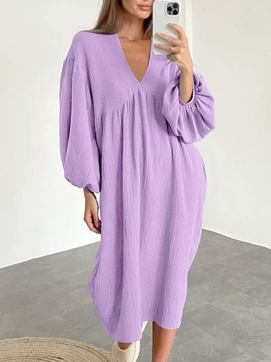 Dame afslappet oversized kjole med voluminøse ærmer og V-udskæring Stilla