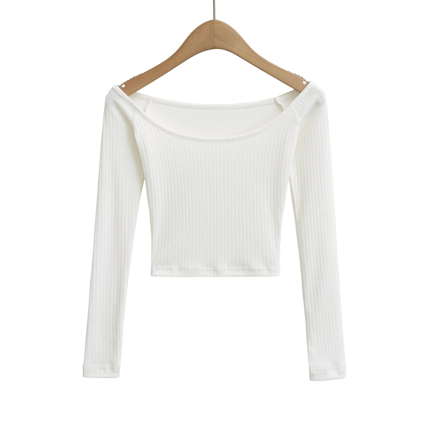 Dame cropped Langærmet skjorte med elegant Rundhalsshalsudskæring og fin ribstruktur Stilla