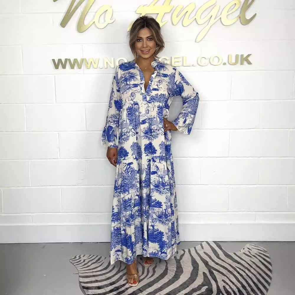 Dame afslappet maxikjole med dekorativt print og lange ærmer Stilla