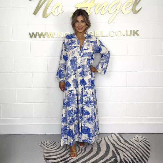 Dame afslappet maxikjole med dekorativt print og lange ærmer Stilla