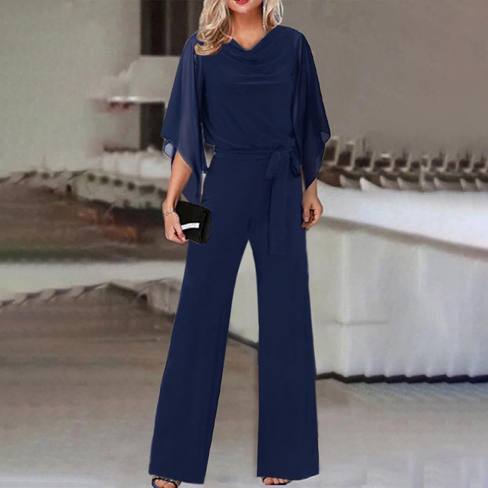 Dame elegant bred benudskæring jumpsuit med draperede ærmer Stilla