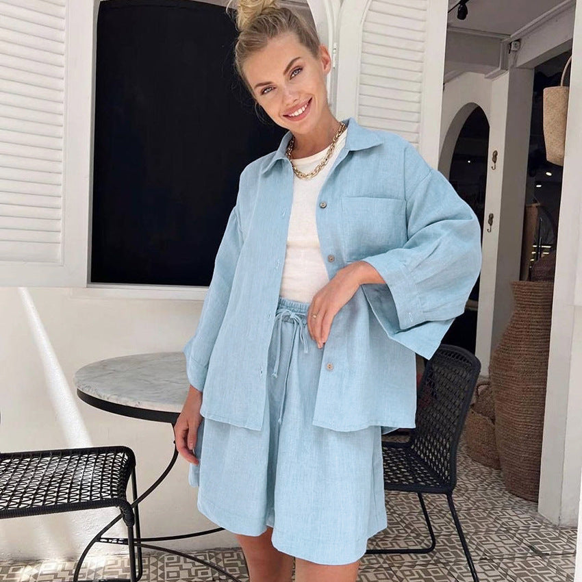 Dame afslappet linned-outfit-sæt med oversized skjorte og shorts Stilla