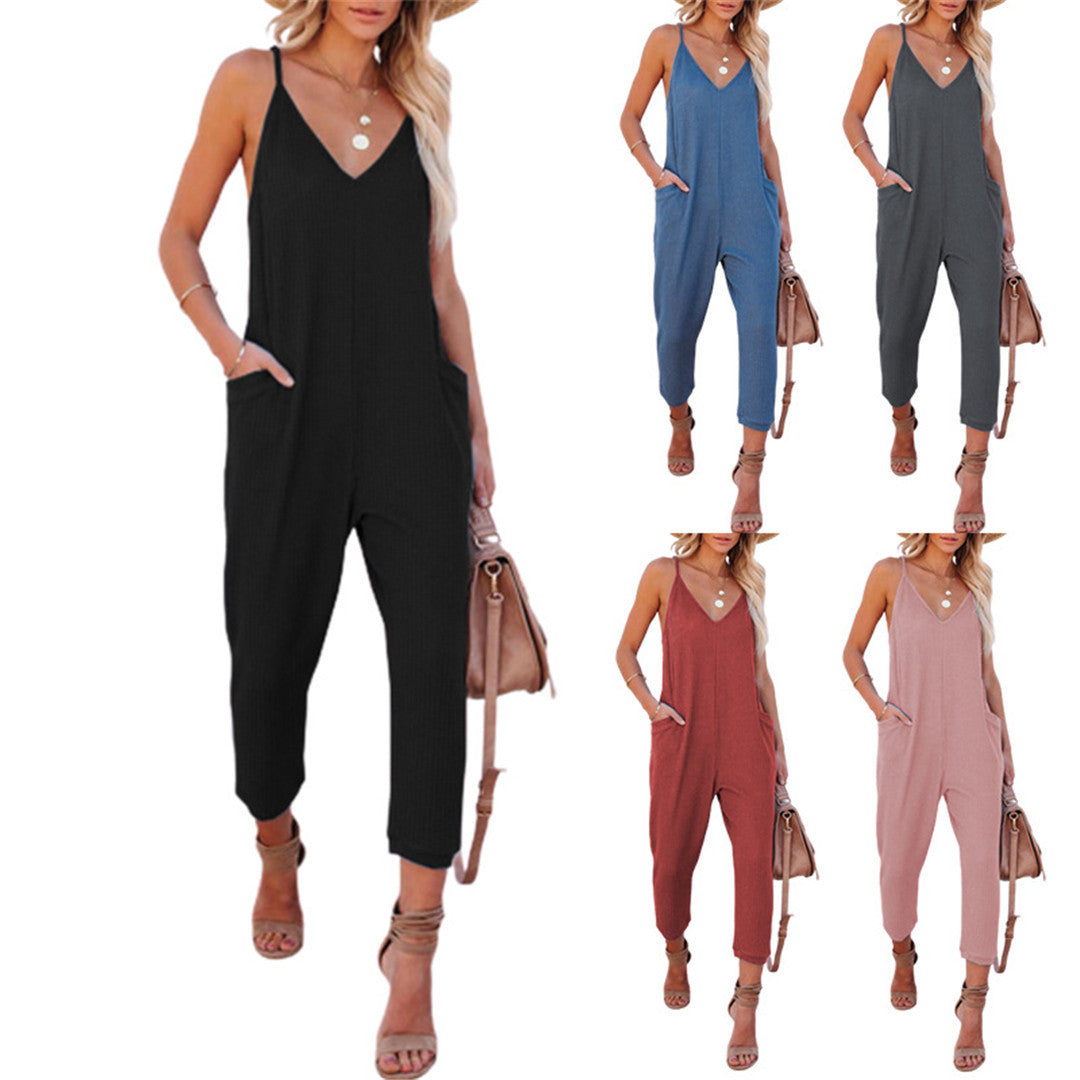 Dame Casual Jumpsuit med spaghetti stropper og praktiske lommer Stilla
