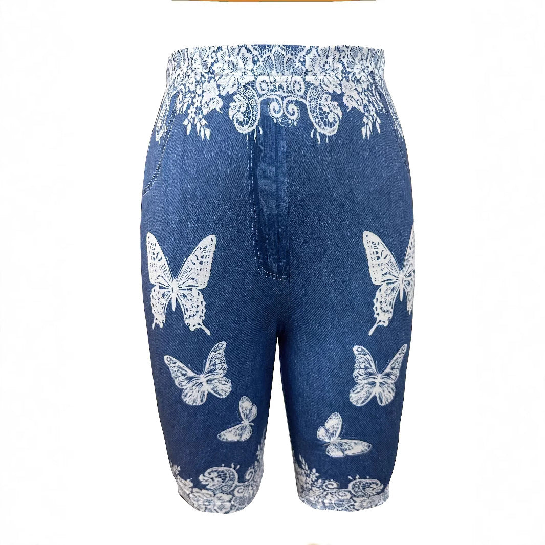 Dame designer-shorts med blomster-spids-og sommerfugle-applikationer Stilla