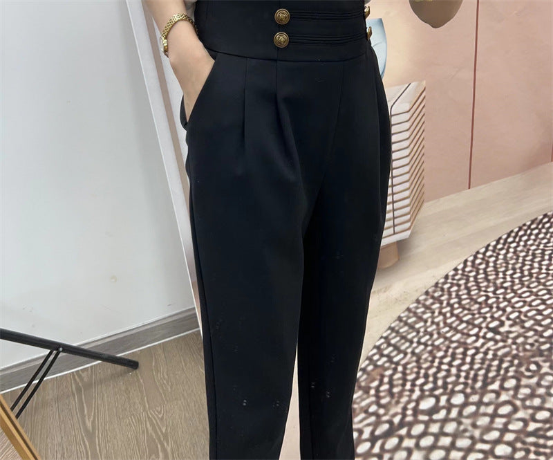 Dame elegant højtaljede bukser med dekorative knapdetaljer Stilla