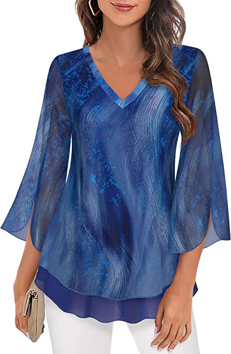 Dame elegant chiffonbluse med florale applikationer og bred ærme Stilla