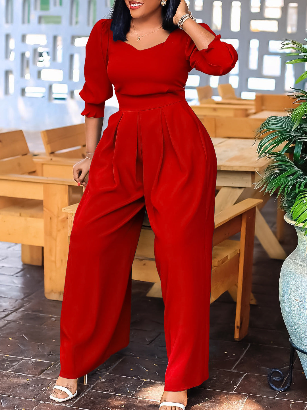 Dame Elegant Jumpsuit med lange ærmer og taljering Stilla