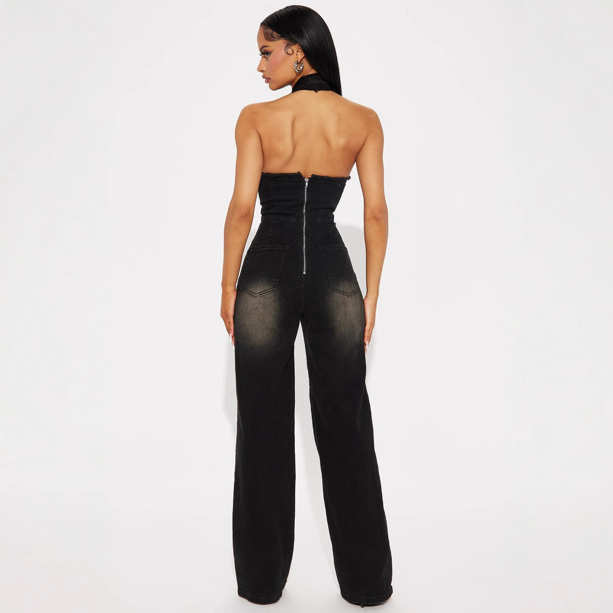 Damer afslappet denim-jumpsuit med dyb V-udskæring og bredt ben Stilla