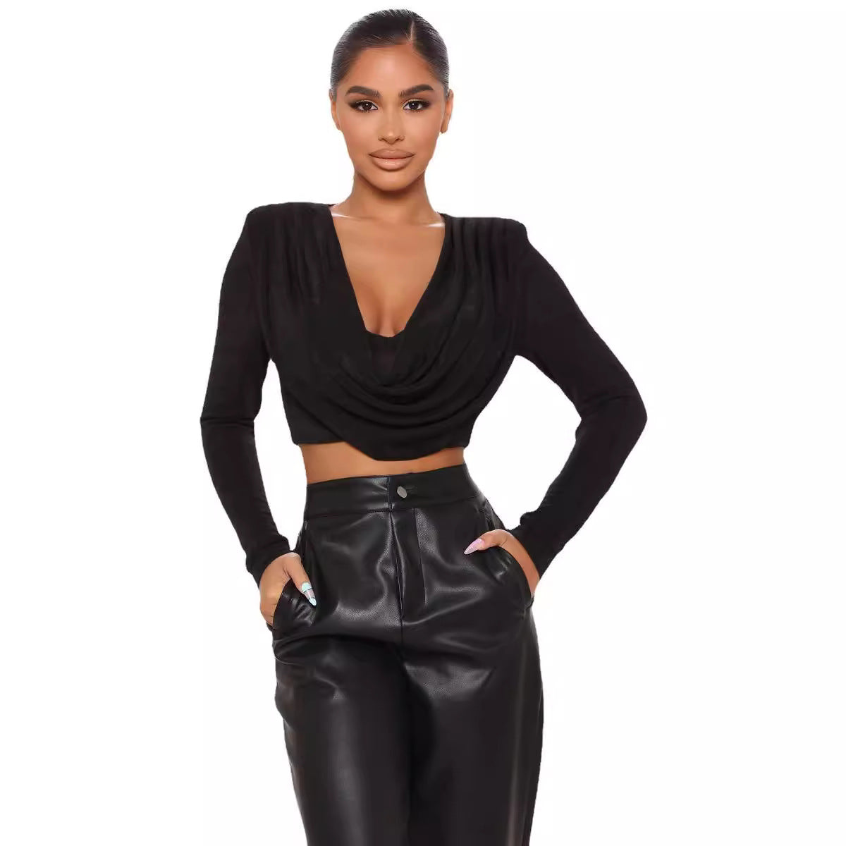 Dame Elegant indpakningsbluse med lange ærmer og dyb V-udskæring Stilla