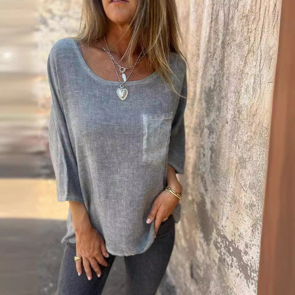 Dame afslappet linned skjorte med praktisk brystlomme og bred pasform Stilla