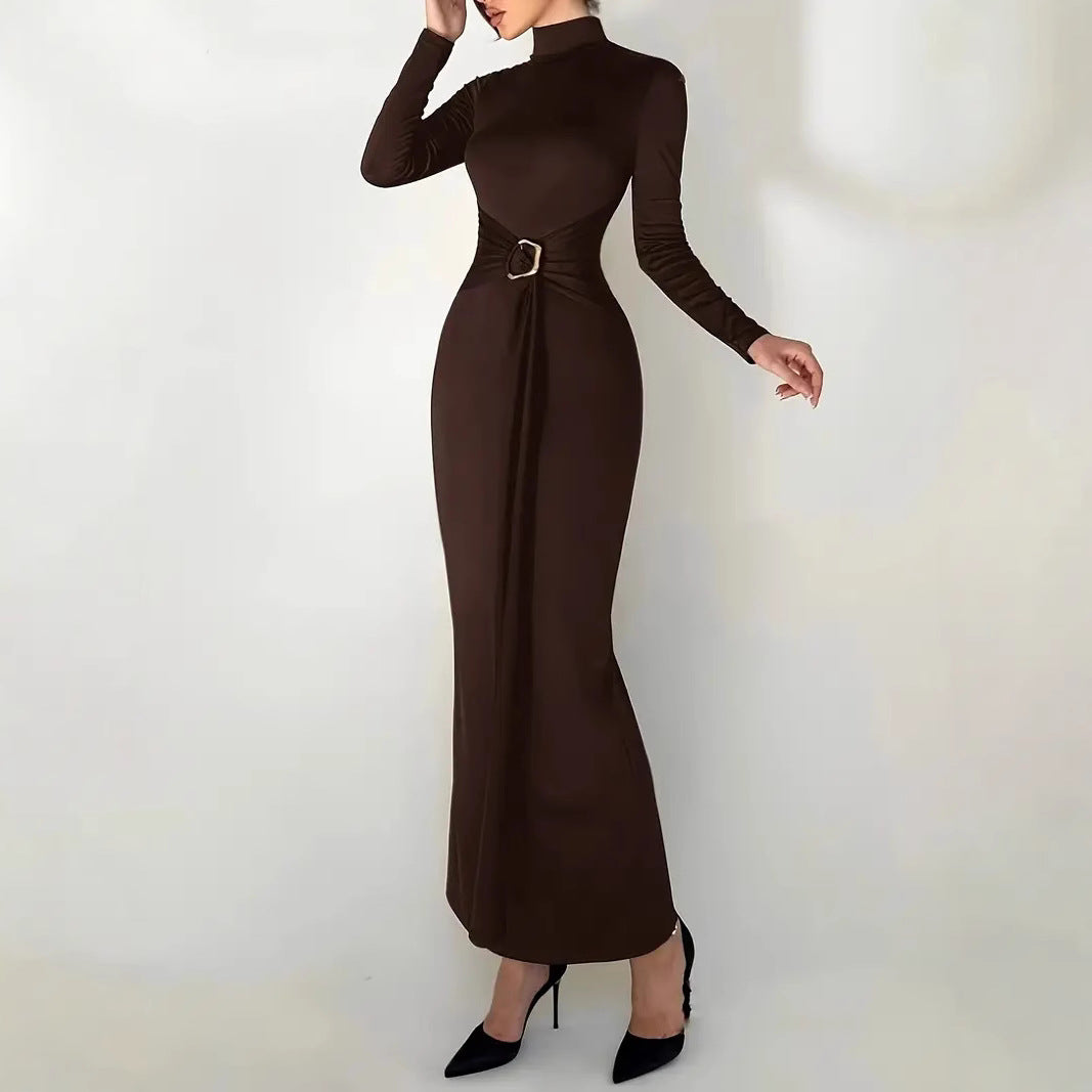 Dame Elegant indpakningskjole med ståkrave og dekorativt bælte Stilla