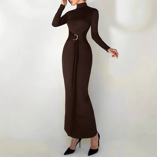 Dame Elegant indpakningskjole med ståkrave og dekorativt bælte Stilla