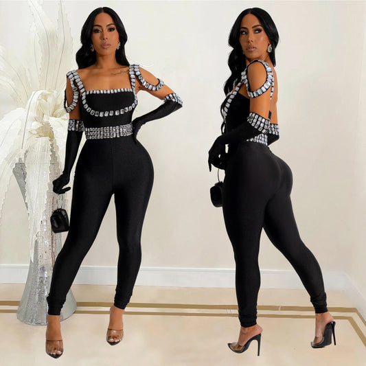 Dame Glamourøs Figurbetonet Jumpsuit med Strassdekorationer Stilla