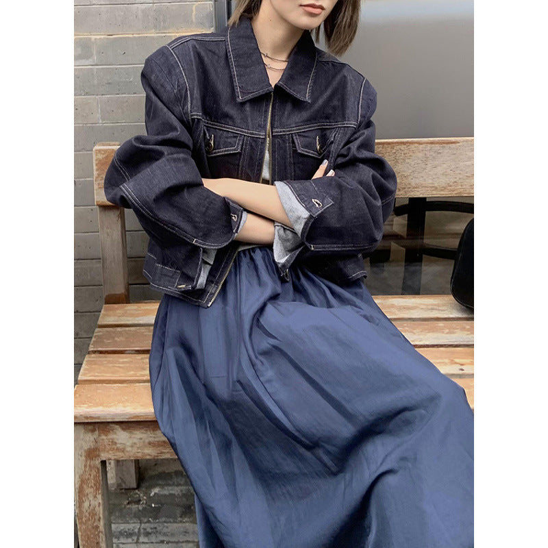 Dame cropped jeansjakke med klassisk krave og brystlommer Stilla