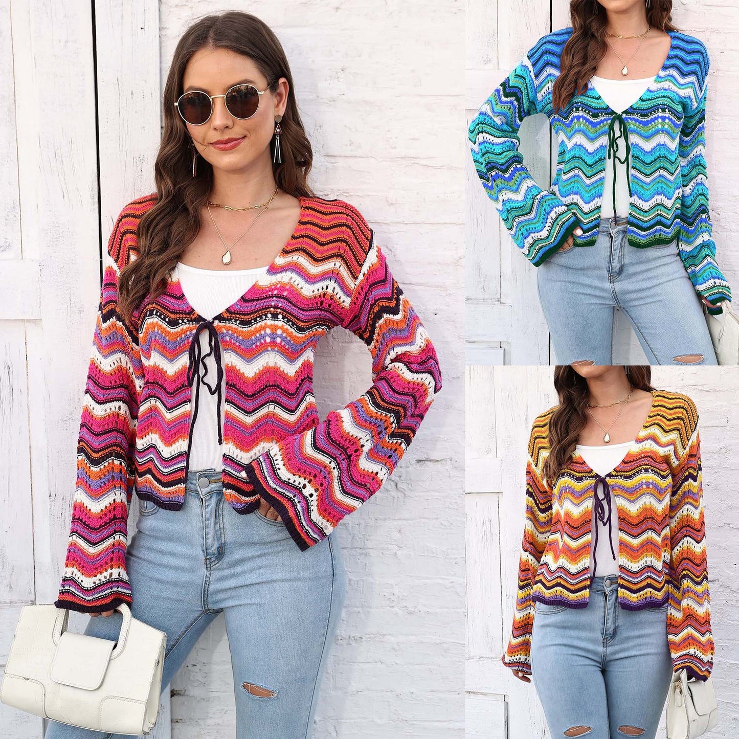 Dame cropped strikjakke med farvemæssigt varieret bølgemønster Stilla