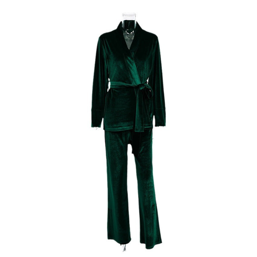 Dame elegant fløjls Jumpsuit-sæt med knælangt snit og taljeringabel bælte Stilla