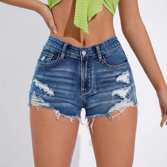 Dame afslappede ødelagte jeansshorts med høj talje og fringet kant Stilla
