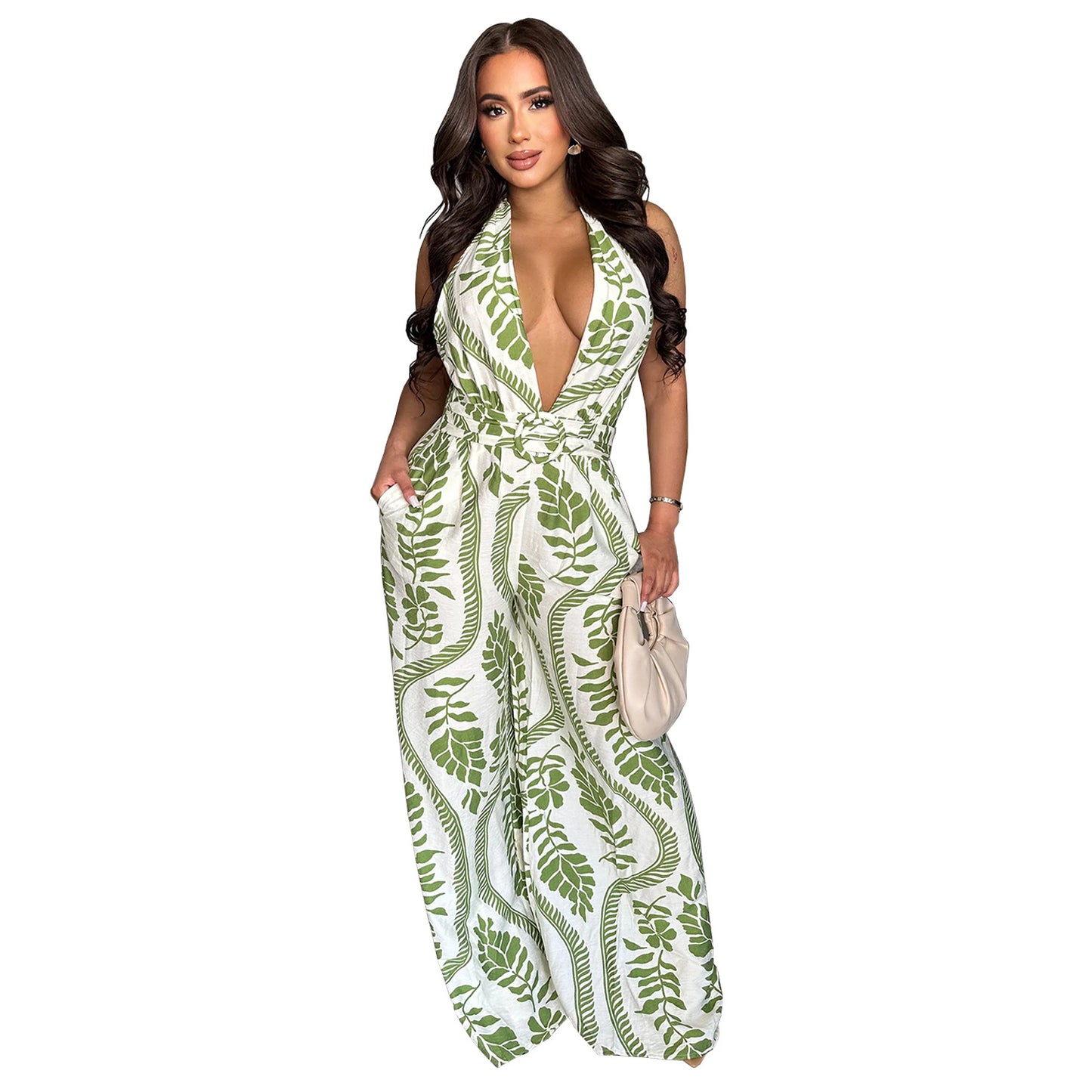 Dame Elegant og luftig Jumpsuit med dyb udskæring og blomstermuster Stilla
