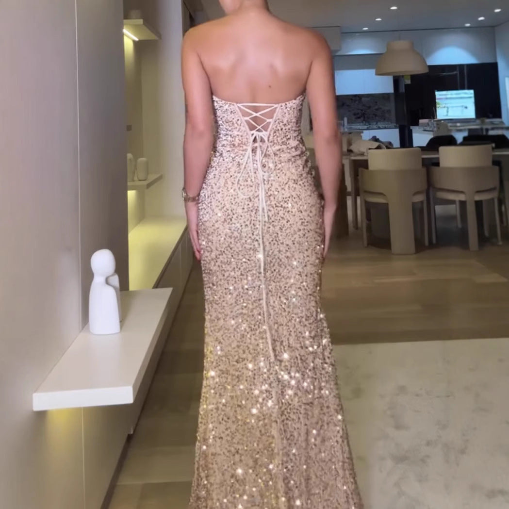 Dame Elegant aftenkjole med glitrende paljetter og høj benåbning Stilla