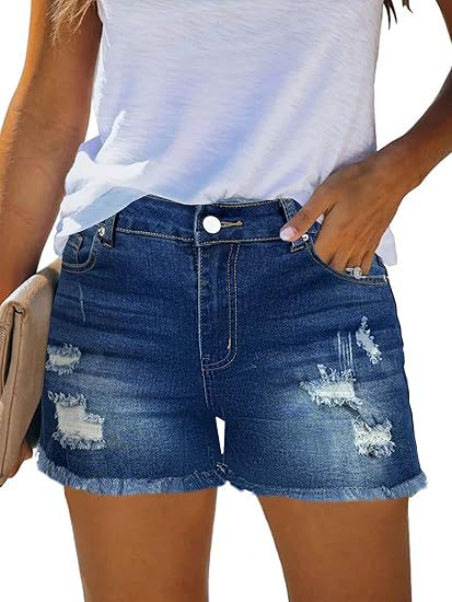 Dame Distressed Denim-Shorts med frynset kant og afslappet look Stilla