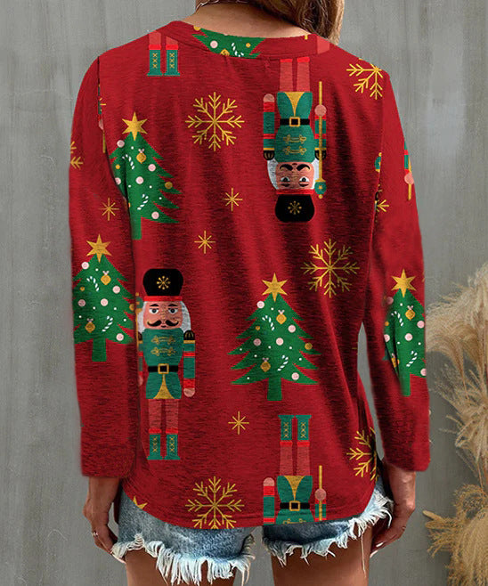 Dame afslappet langærmet shirt med festlig print og knapdetaljer Stilla