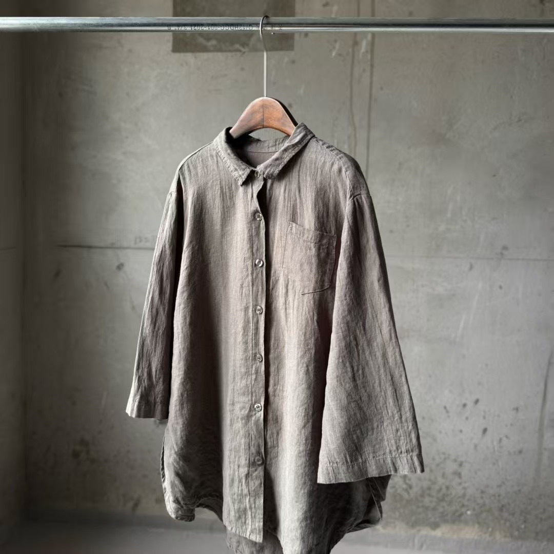Dame Afslappet Fit Linned Knap-Up Skjorte Stilla