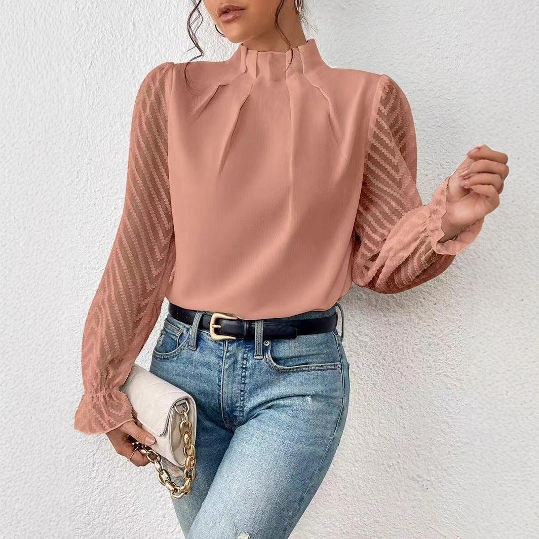 Dame Elegant bluse top med flæse detaljer og gennemsigtige ærmer Stilla