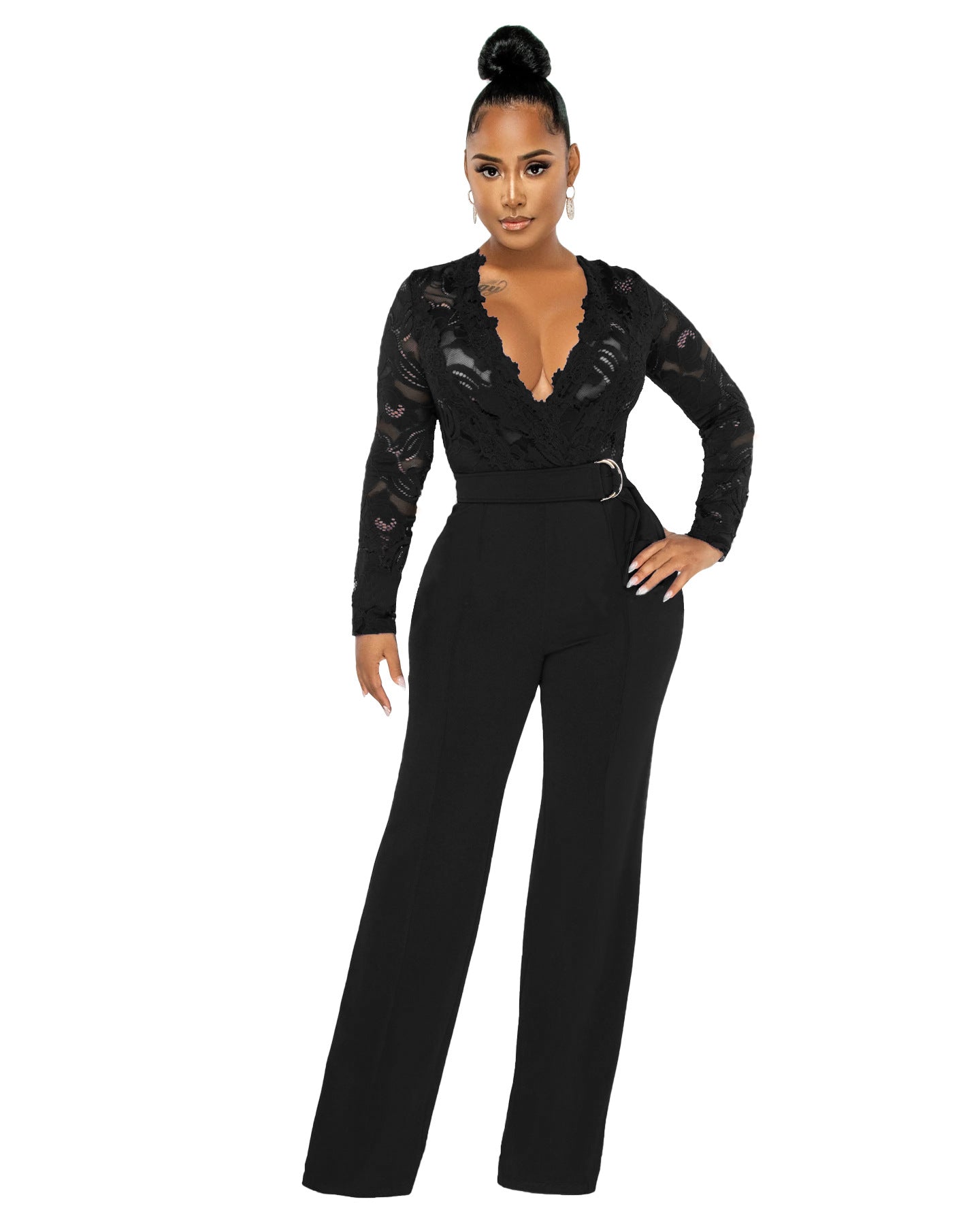 Dame Elegant Jumpsuit med dyb V-udskæring og blonde Stilla