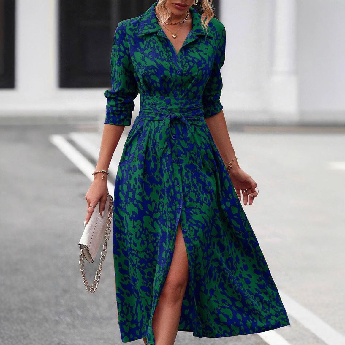 Dame Elegant Knap Lukning Midi Kjole Stilla