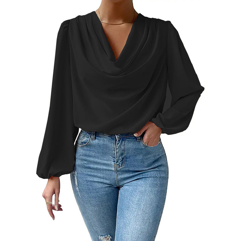 Dame elegant bluse med asymmetrisk krave og lange puffærmer Stiila