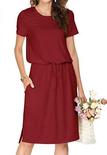 Dame afslappet midi-kjole med elastisk talje bånd og praktiske lommer Stilla