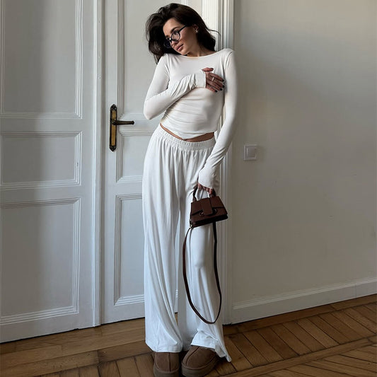 Dame afslappet lounge-sæt med langærmet top og løstsiddende bukser Stilla