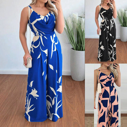 Dame jumpsuit med flydende snit og dekorative blomster motiver Stilla