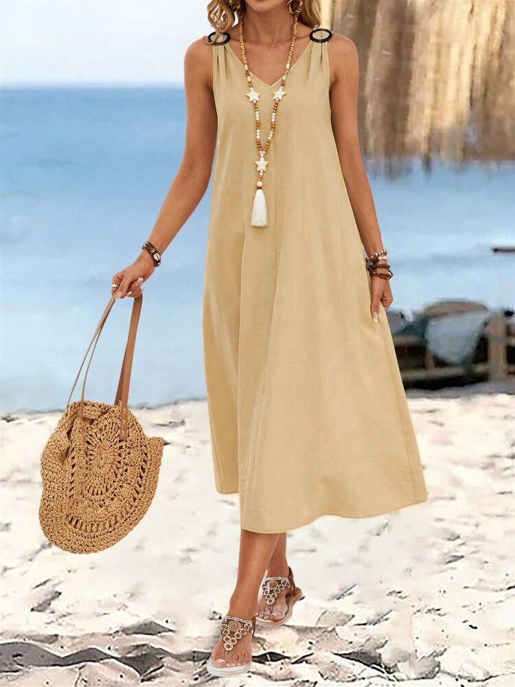 Dame afslappet maxikjole med knapdetalje og lommer Stilla